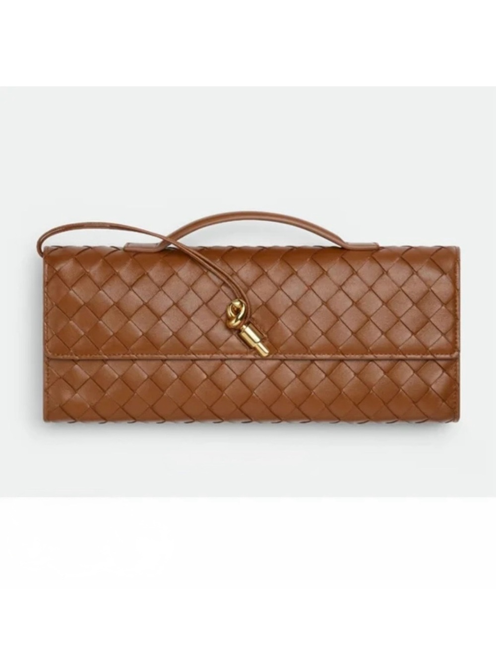 [NEW WITH TAGS] BOTTEGA VENETA ANDIAMO CLUTCH, LEATHER, COGNAC COLOR